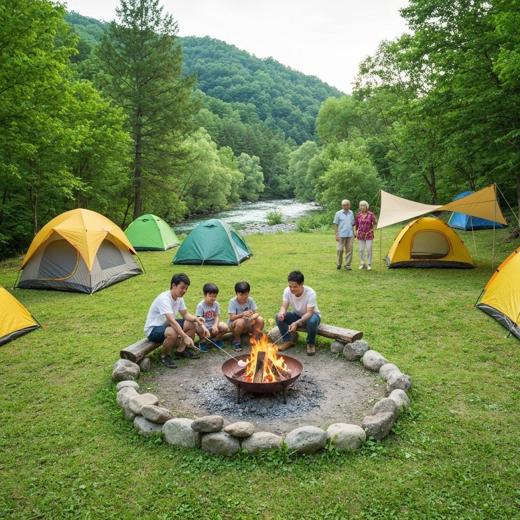 Beautiful camping ground with families enjoying outdoor activities
